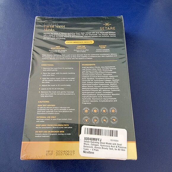 SETARE Hydrating Facial Sheet Masks 8 Individual Masks Sealed Box - Picture 6 of 9